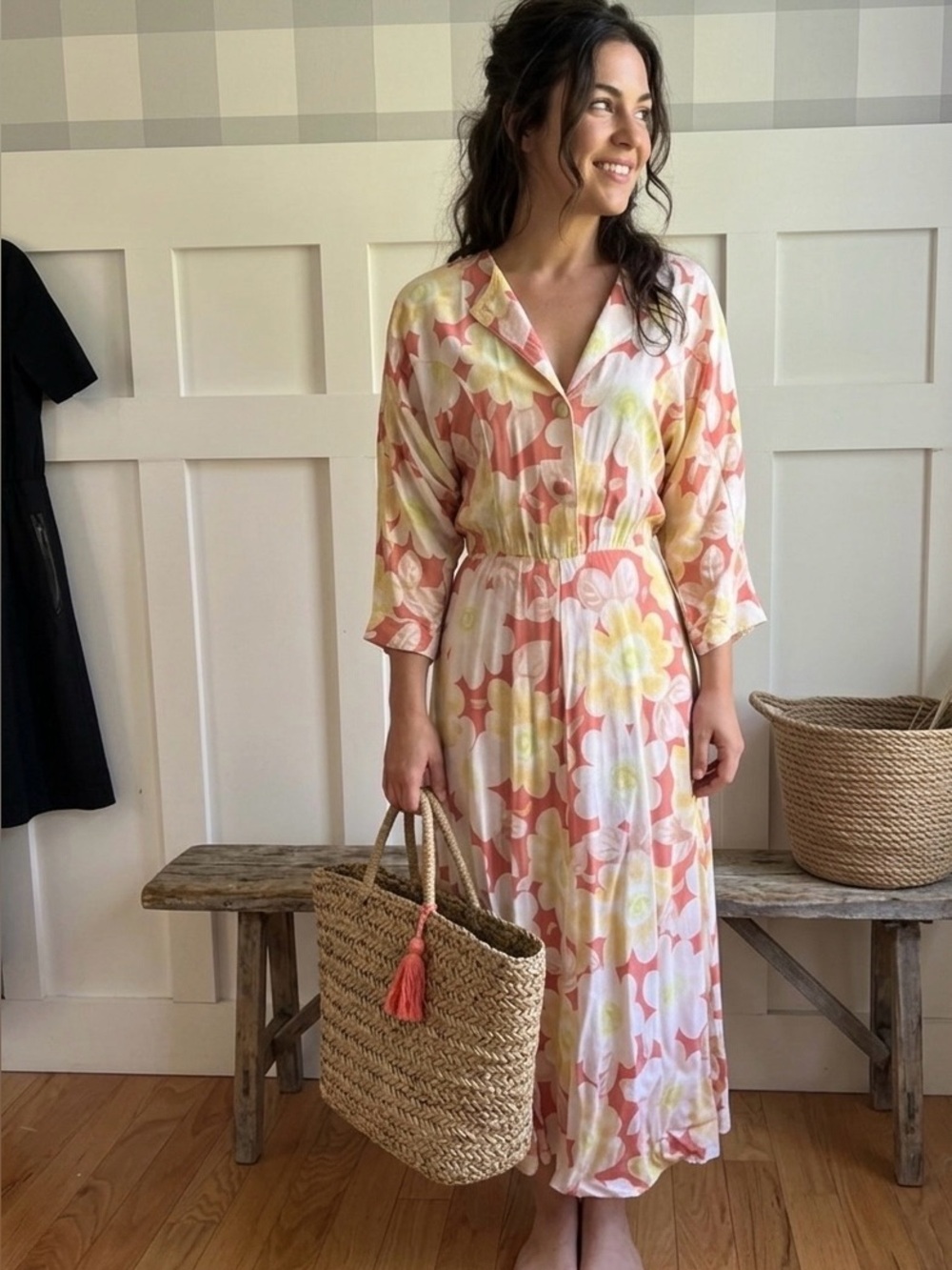 70’s Vintage Nina Piccalino Pink and Yellow Floral Button-Front Maxi Dress Large - Picture 1 of 9